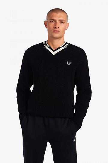 Pánské Knitwear Fred Perry Abstract Tipped V-Neck Jumper Černé | CZ 1773AHKP